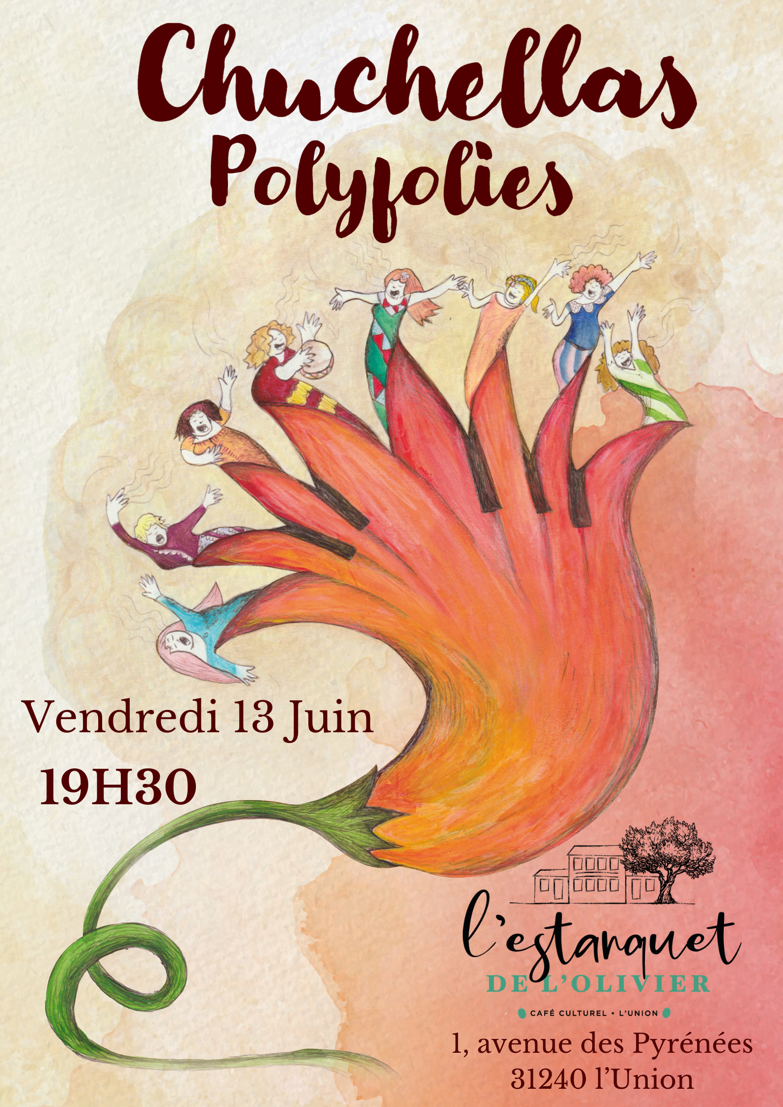 Affiche illustrée du concert "Chuchellas Polyfolies" le vendredi 13 juin à 19h30 à l'Estanquet de l'Olivier, L’Union.