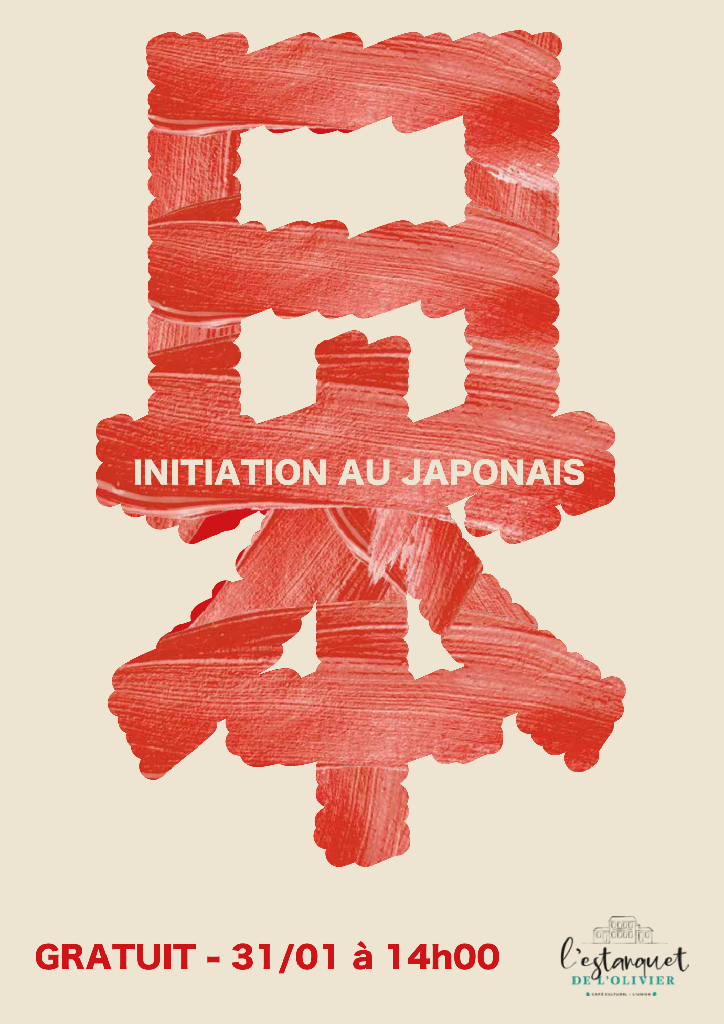 Affiche de l’atelier initiation au japonais gratuit le 31 janvier à 14h à L’Estanquet de l’Olivier