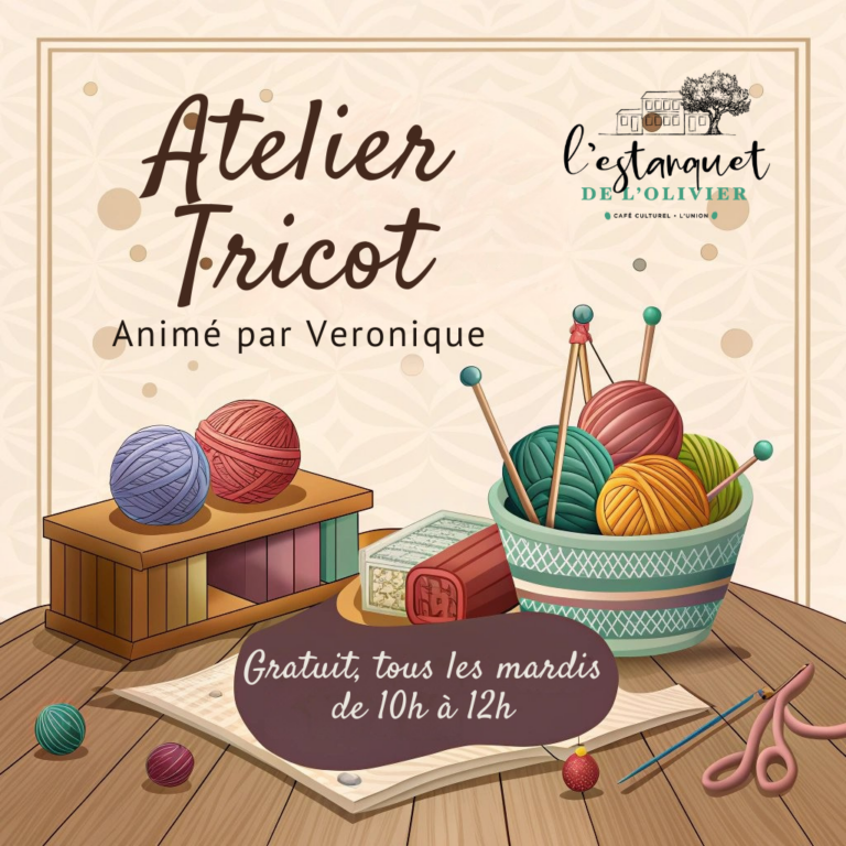 Atelier tricot gratuit animé par Véronique à l’Estanquet de l’Olivier avec pelotes de laine et aiguilles à tricoter