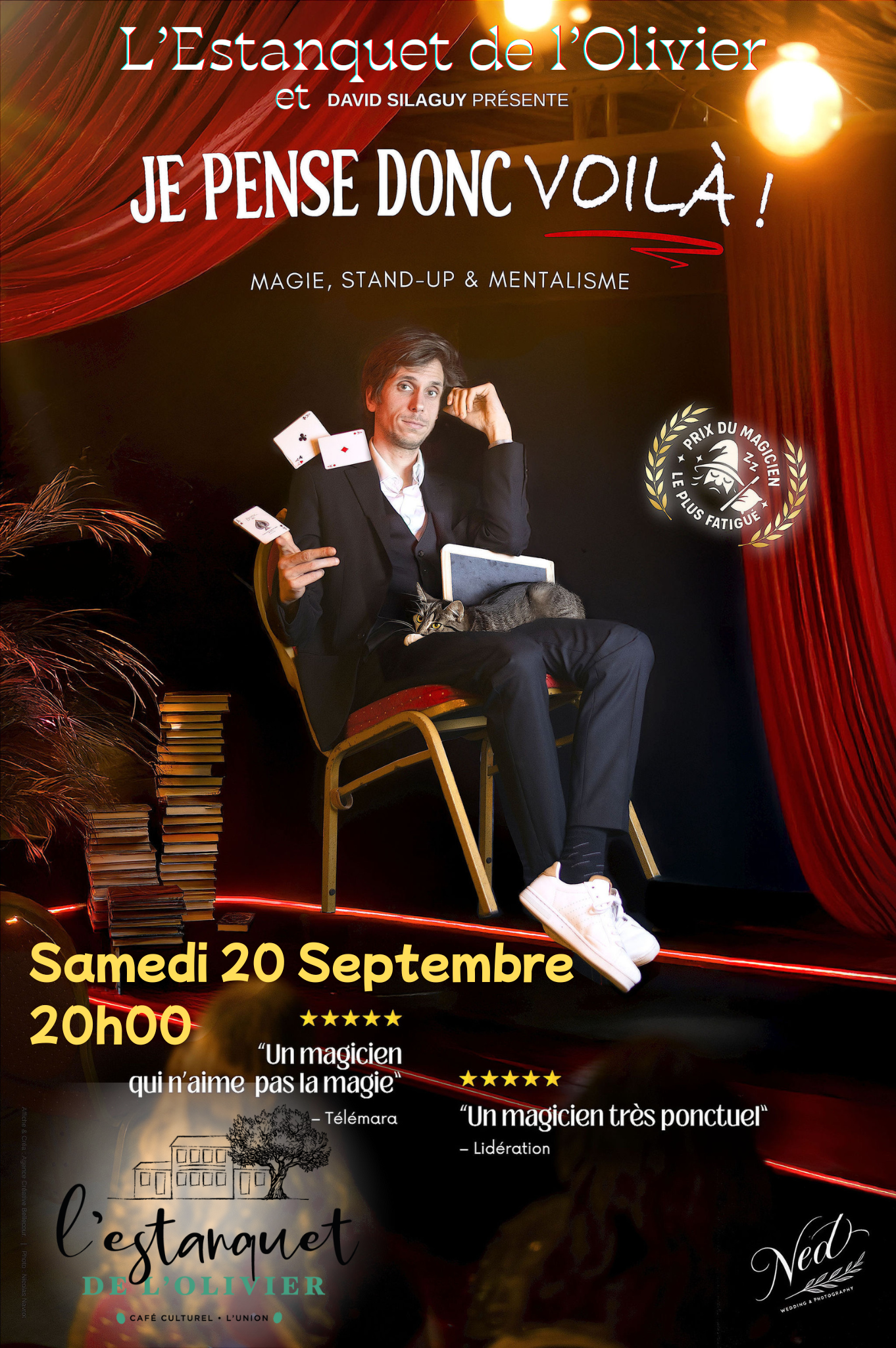Affiche du spectacle "Je pense donc voilà !" de David Silaguy, magicien blasé, programmé le 20 septembre à 20h à L’Estanquet de l’Olivier.