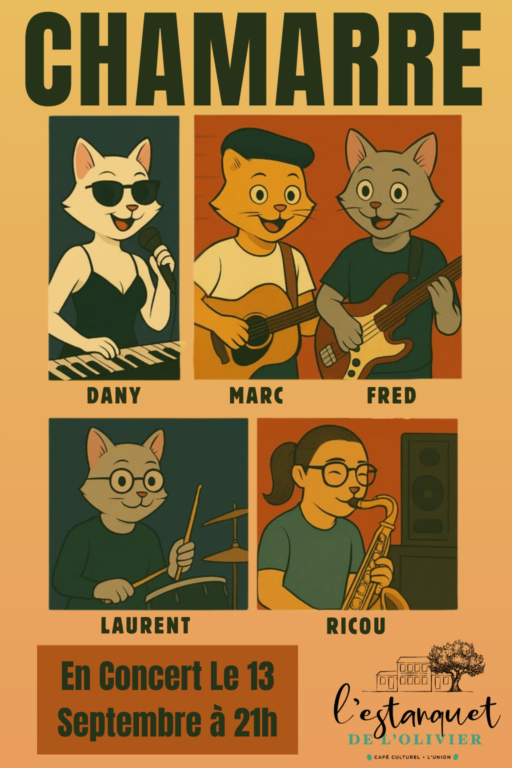 Affiche du concert du groupe Chamarré le 13 septembre à 21h à l’Estanquet de l’Olivier, L’Union. Illustration de chats musiciens représentant les membres du groupe avec leurs instruments.