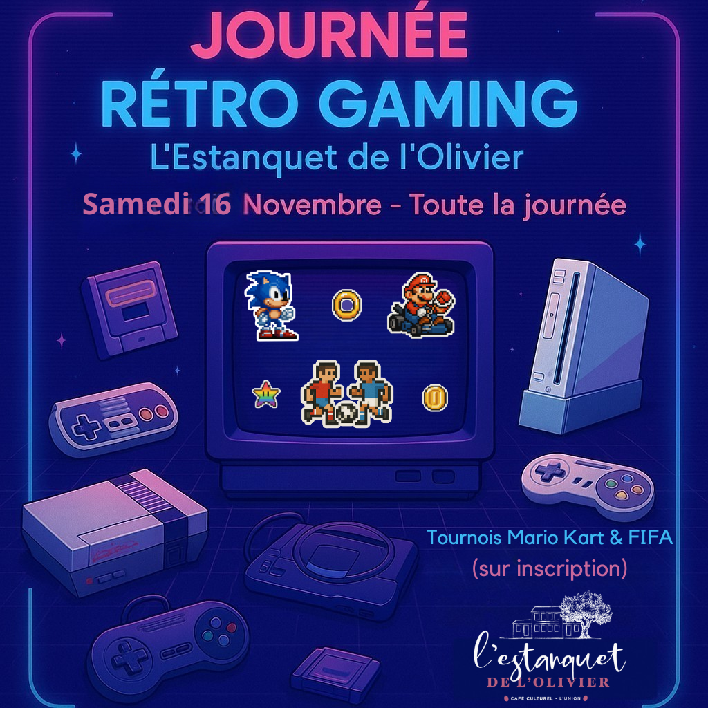 Affiche de la Journée Rétro Gaming à l’Estanquet de l’Olivier – 16 novembre 2025, avec consoles NES, Sega, Wii et personnages rétro de jeux vidéo.
