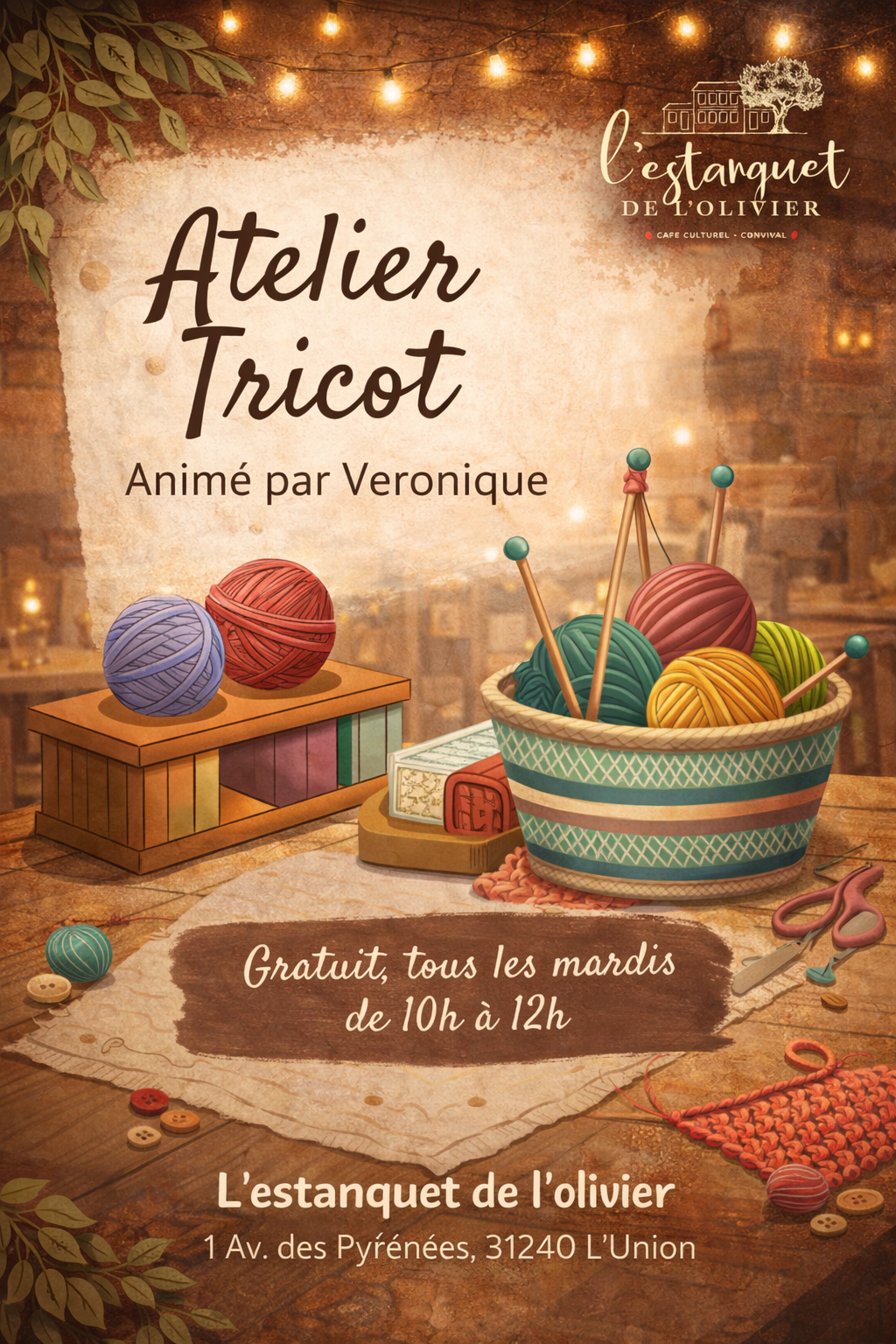 Atelier tricot gratuit animé par Véronique à l’Estanquet de l’Olivier avec pelotes de laine et aiguilles à tricoter