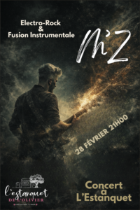 Affiche du concert de M’Z à L’Estanquet de l’Olivier : silhouette d’un musicien jouant de la guitare électrique dans une ambiance sombre et cosmique, electro-rock et fusion instrumentale, le 28 février à 21h.