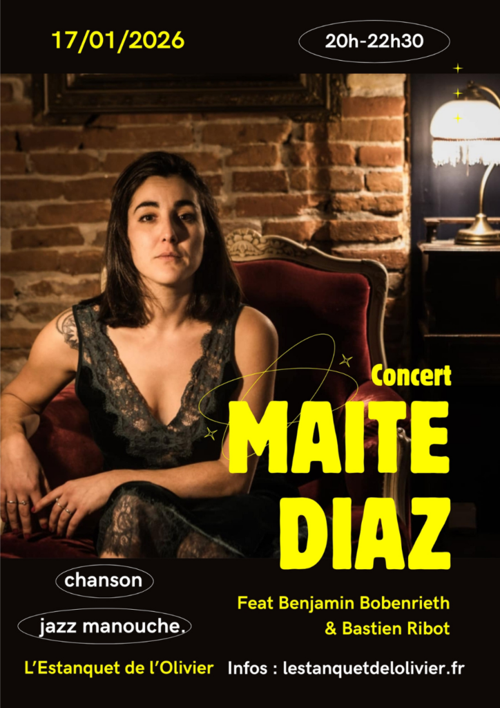 Affiche du concert jazz de Maïté Diaz le 17 janvier 2026 à l’Estanquet de l’Olivier