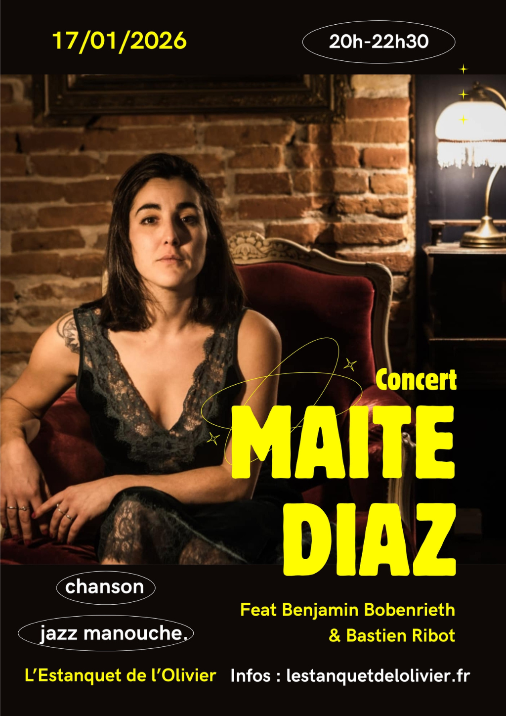 Affiche du concert jazz de Maïté Diaz le 17 janvier 2026 à l’Estanquet de l’Olivier