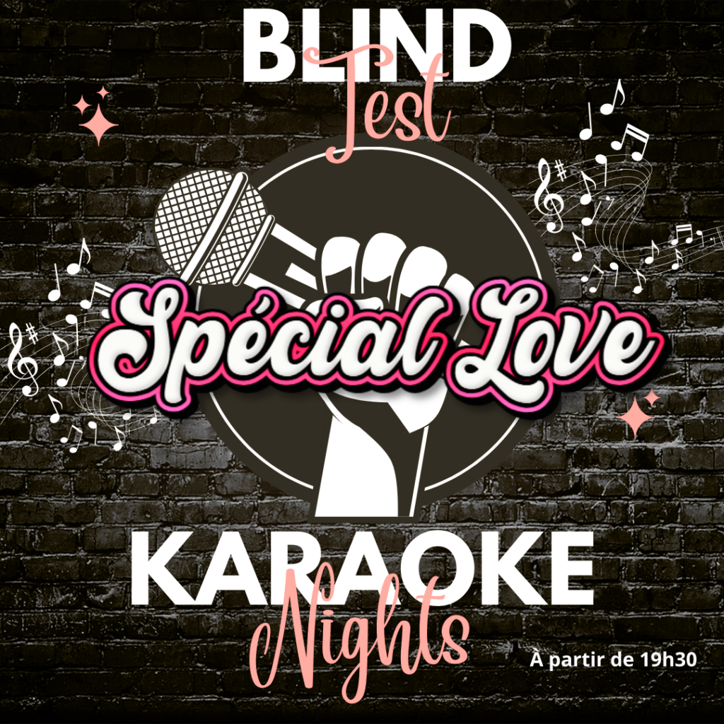 Affiche Blind Test et Karaoké spécial Love avec micro, notes de musique et ambiance festive sur fond de mur en briques