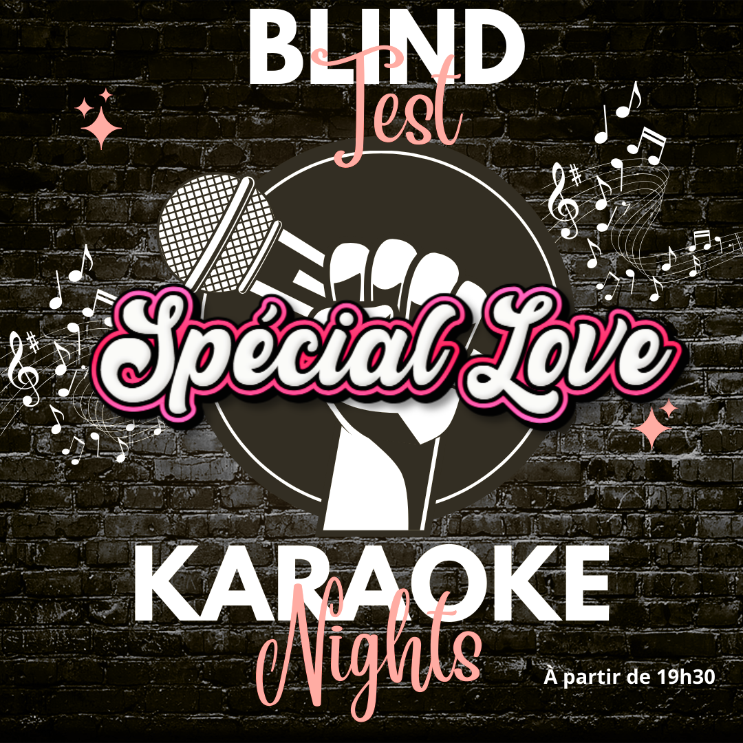 Affiche Blind Test et Karaoké spécial Love avec micro, notes de musique et ambiance festive sur fond de mur en briques