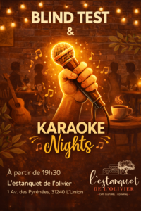 Affiche d’une soirée Blind-Test et Karaoké à L’Estanquet de l’Olivier avec un micro lumineux tenu à la main dans une ambiance chaleureuse de café.