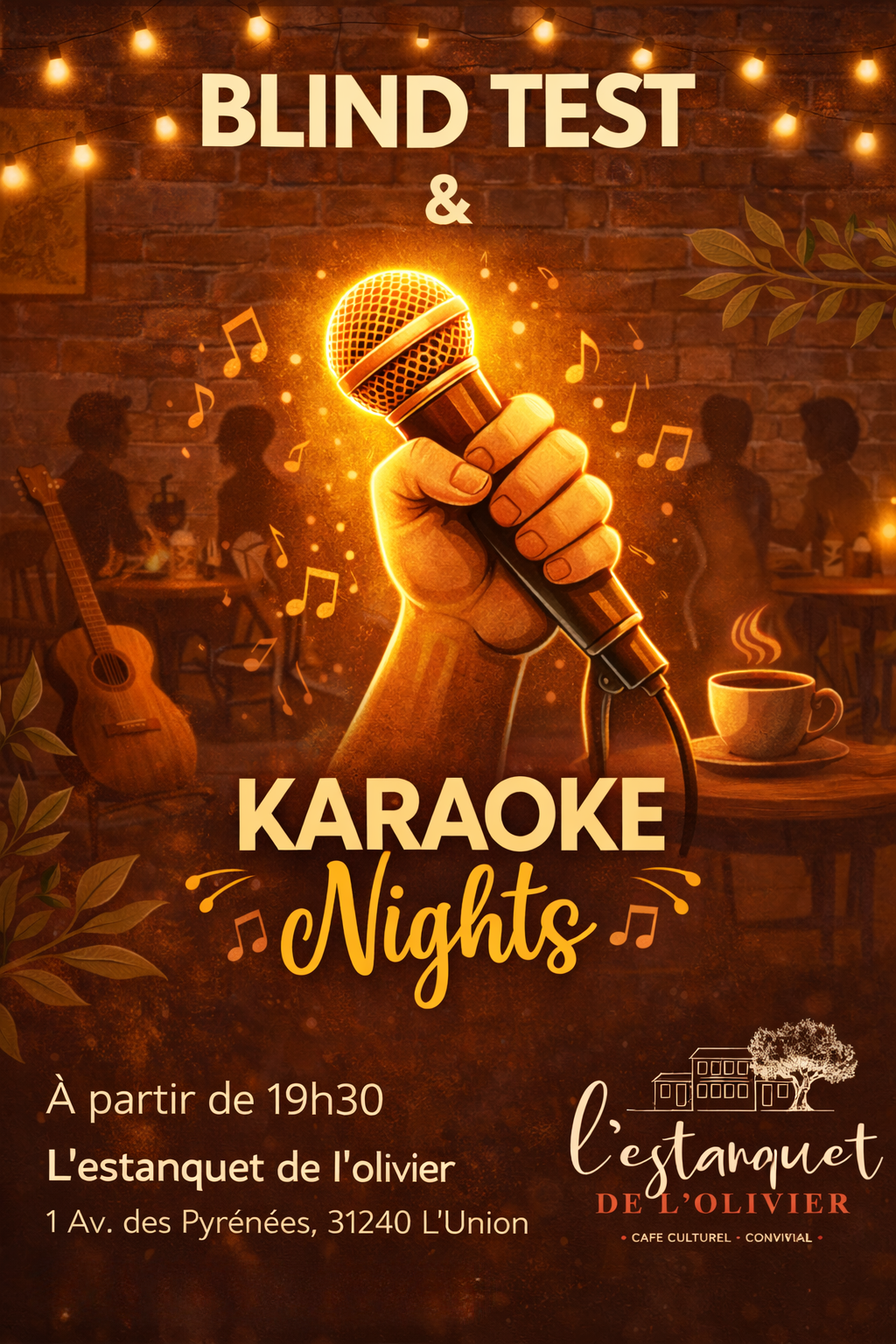 Affiche d’une soirée Blind-Test et Karaoké à L’Estanquet de l’Olivier avec un micro lumineux tenu à la main dans une ambiance chaleureuse de café.
