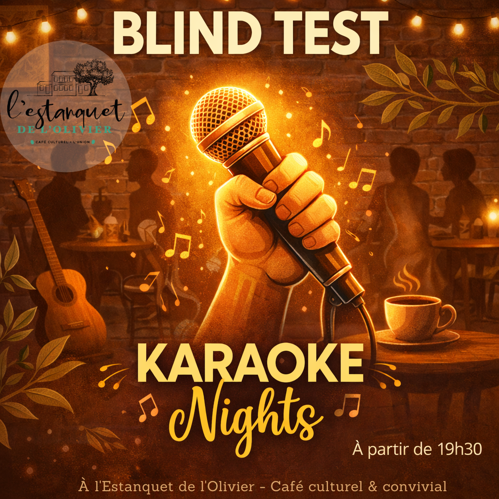 Affiche d’une soirée Blind-Test et Karaoké à L’Estanquet de l’Olivier avec un micro lumineux tenu à la main dans une ambiance chaleureuse de café.