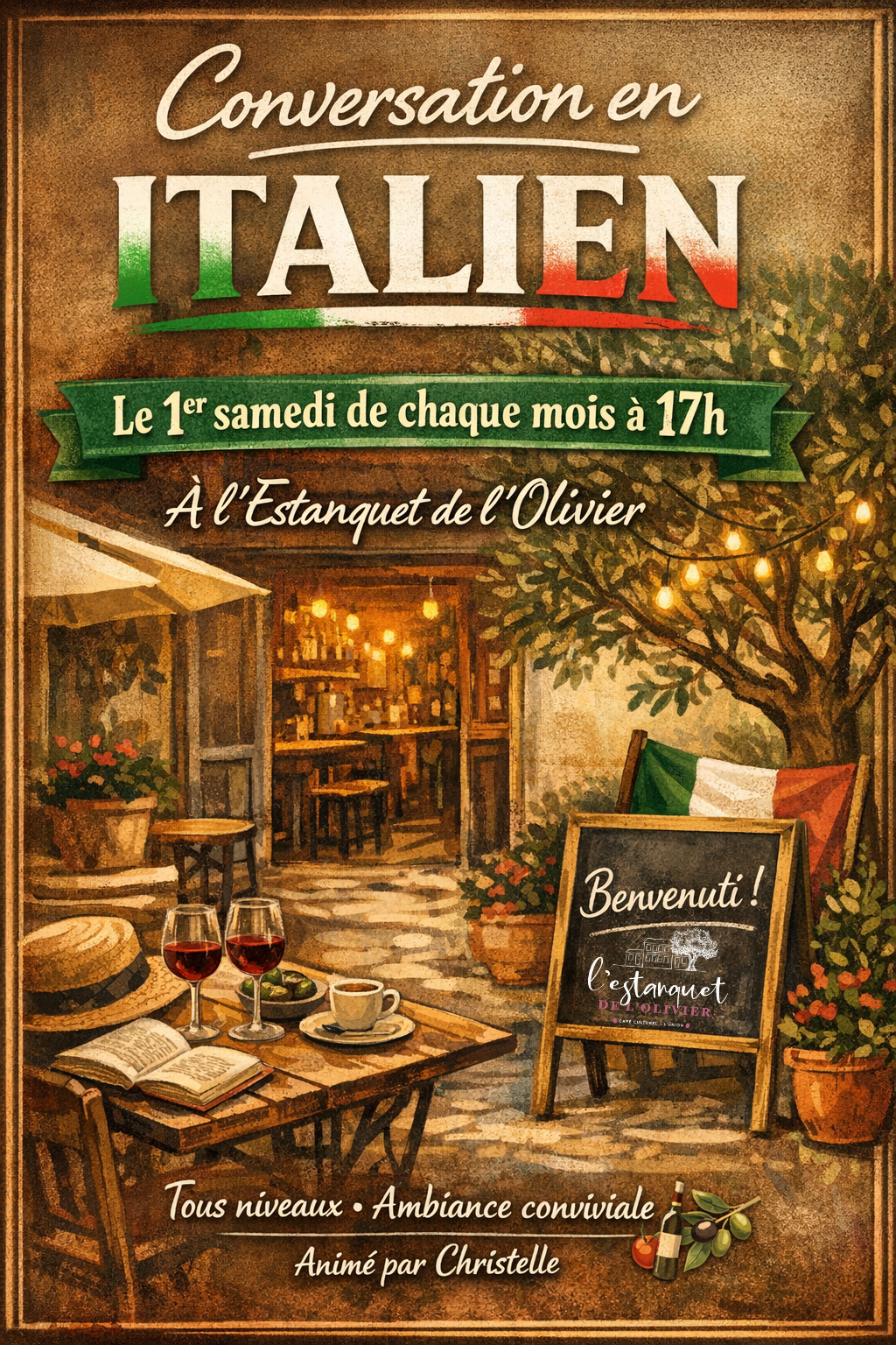 Affiche d’un café italien chaleureux annonçant des conversations en italien, le premier samedi de chaque mois à 17h, à l’Estanquet de l’Olivier.