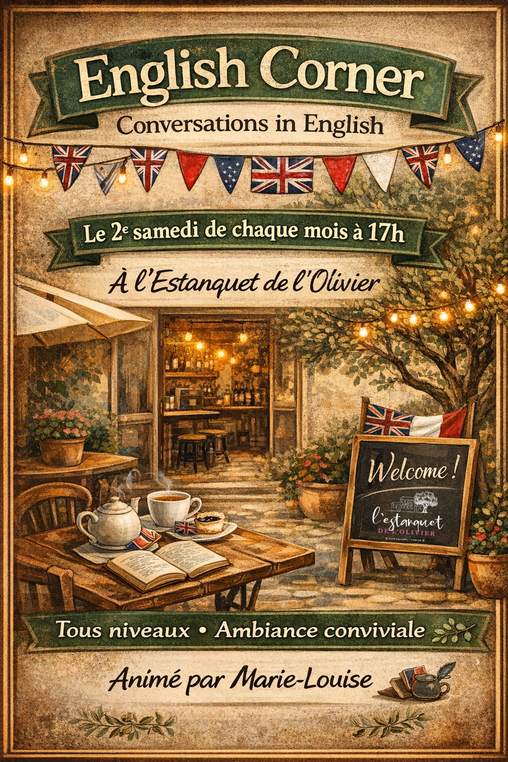 Affiche “English Corner – Conversations in English” annonçant un rendez-vous mensuel de pratique de l’anglais à l’Estanquet de l’Olivier, le deuxième samedi à 17h.