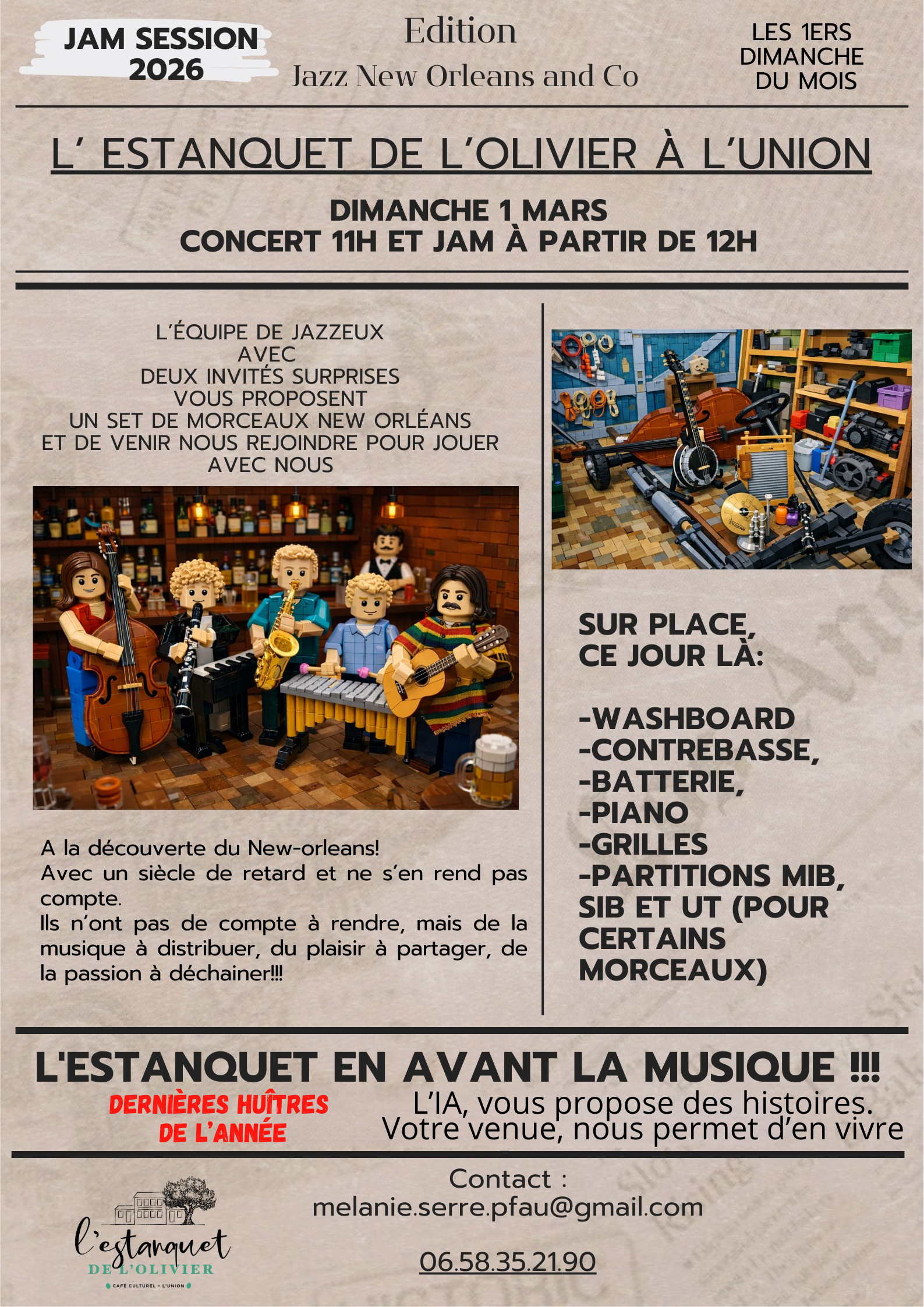 Affiche Jam Session 2026 à l’Estanquet de l’Olivier à L’Union, édition Jazz New Orleans, dimanche 1er mars, concert 11h et jam 12h, ambiance jazz et huîtres.Affiche Jam Session 2026 à l’Estanquet de l’Olivier à L’Union, édition Jazz New Orleans, dimanche 1er mars, concert 11h et jam 12h, ambiance jazz et huîtres.