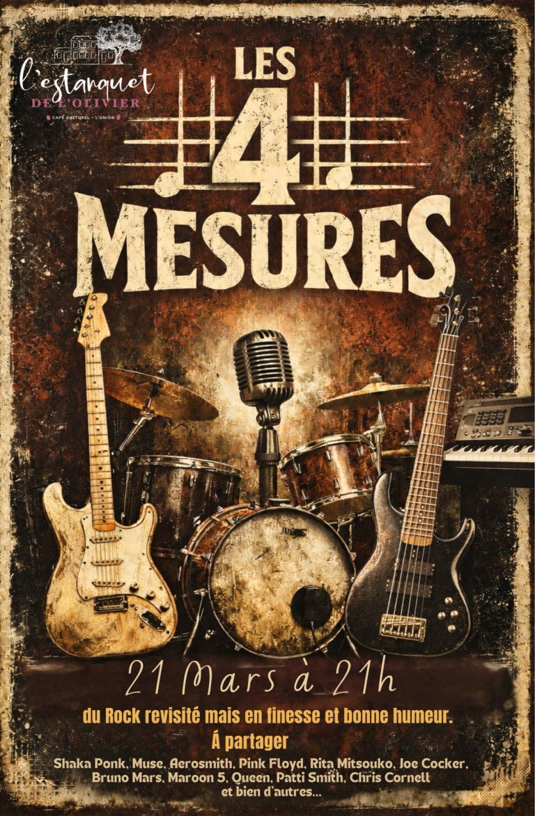 Affiche du concert rock Les 4 Mesures à l’Estanquet de l’Olivier, le 21 mars à 21h, avec guitares, batterie et micro vintage.