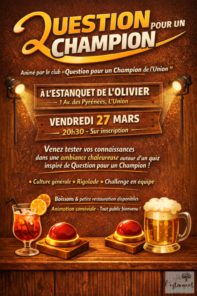 Affiche de la soirée quiz « À vos buzzers ! Question pour un Champion » à l’Estanquet de l’Olivier, le vendredi 27 mars à 20h30, animée par le club Question pour un Champion de l’Union.