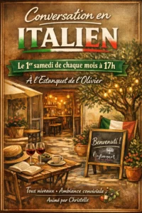 Affiche d’un café italien chaleureux annonçant des conversations en italien, le premier samedi de chaque mois à 17h, à l’Estanquet de l’Olivier.