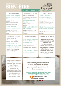Affiche semaine du bien-être du 7 au 12 avril 2026 à L’Estanquet de l’Olivier avec programme des ateliers, conférences, yoga, Pilates et massages à L’Union