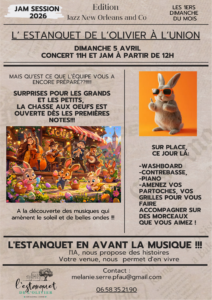 Affiche annonçant une jam session jazz New Orleans à L’Estanquet de l’Olivier à L’Union, dimanche 5 avril, avec concert à 11h et jam à partir de 12h, animations et chasse aux œufs.