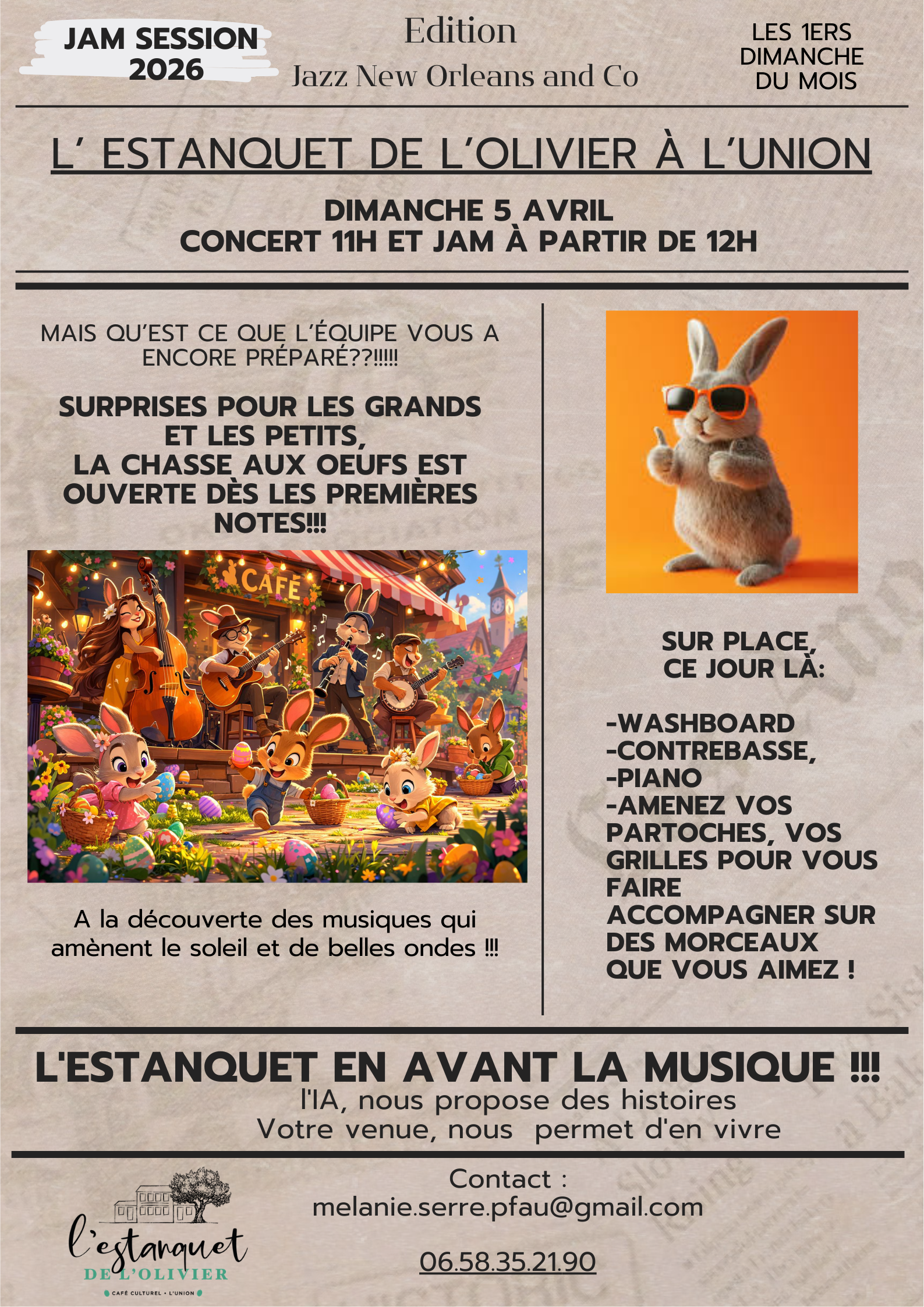 Affiche annonçant une jam session jazz New Orleans à L’Estanquet de l’Olivier à L’Union, dimanche 5 avril, avec concert à 11h et jam à partir de 12h, animations et chasse aux œufs.