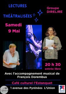 Affiche lectures théâtralisées humour à L’Estanquet de l’Olivier le 9 mai à 20h30 avec accompagnement musical