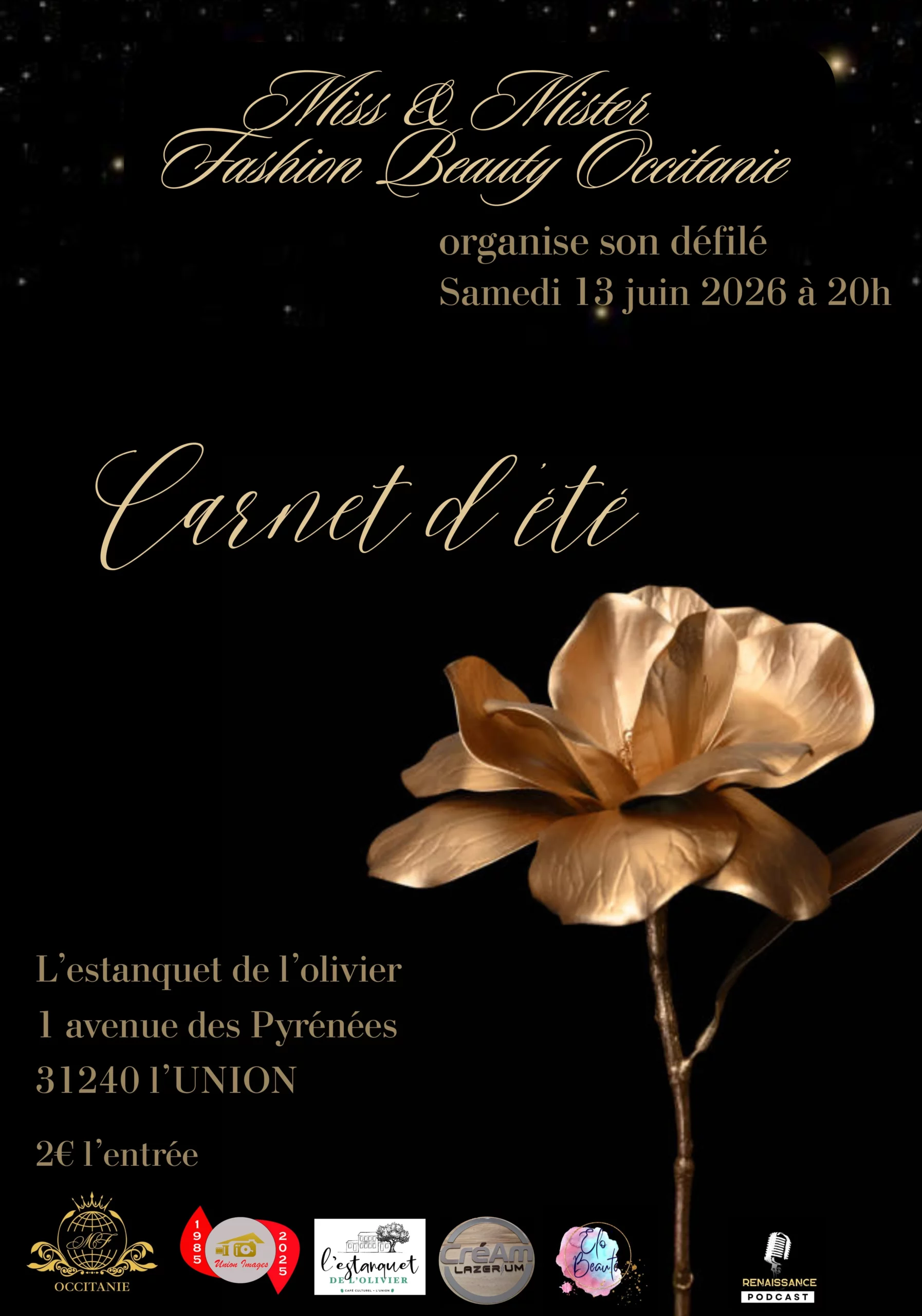 Affiche du défilé Carnet d’Été organisé par Miss & Mister Fashion Beauty Occitanie le 13 juin 2026 à L’Estanquet de l’Olivier à L’Union.