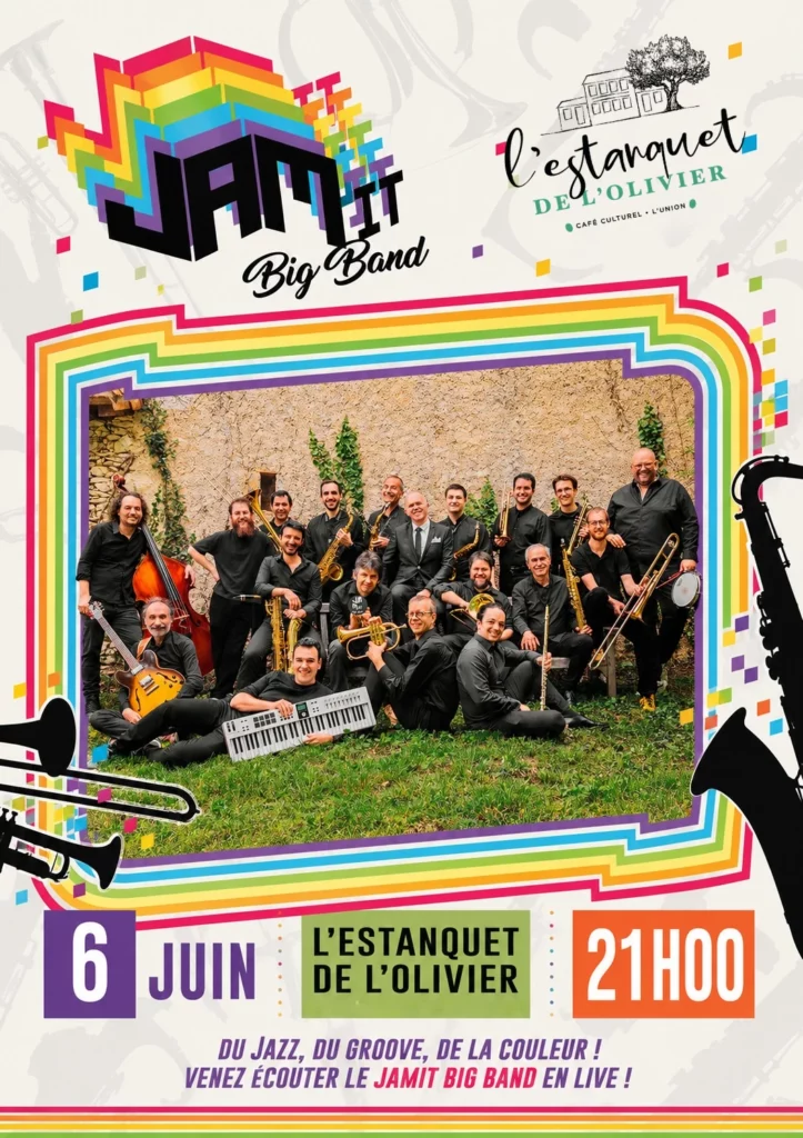 Affiche colorée du concert du JAMIT Big Band à l’Estanquet de l’Olivier le 6 juin 2026 à 21h00, avec photo du groupe de jazz et visuel rétro multicolore.