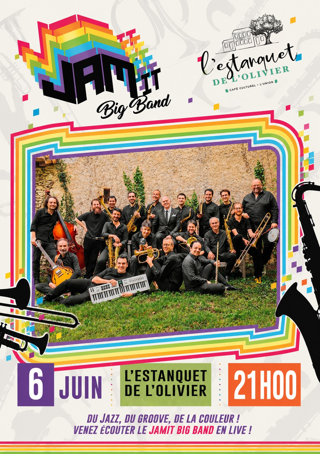 Affiche colorée du concert du JAMIT Big Band à l’Estanquet de l’Olivier le 6 juin 2026 à 21h00, avec photo du groupe de jazz et visuel rétro multicolore.