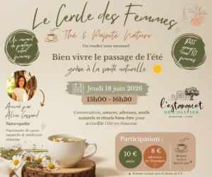 Affiche de l'atelier Thé & Papote Naturo animé par Aline Cassard à l'Estanquet de l'Olivier le 18 juin 2026 sur le thème du bien-être et de la santé naturelle en été.