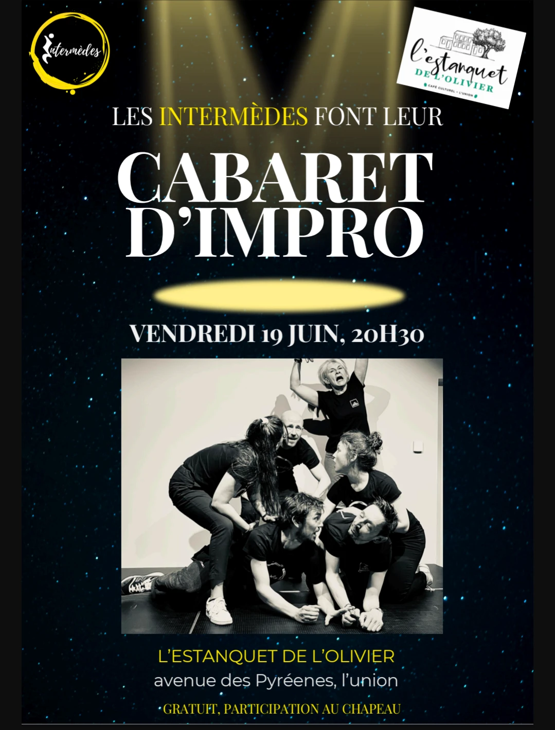 Affiche du Cabaret d’Impro avec Les Intermèdes à l’Estanquet de l’Olivier à L’Union le 19 juin 2026 à 20h30.