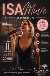 Affiche du concert d'Isa Music à l'Estanquet de l'Olivier à L'Union le samedi 11 juillet 2026 à 20h. Concert de variété française et internationale, de Piaf à Pink.