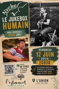 Affiche du concert de Nycho à l'Estanquet de l'Olivier à L'Union le 12 juin 2026 à 20h30. Le public choisit les chansons grâce à un jukebox humain interactif.