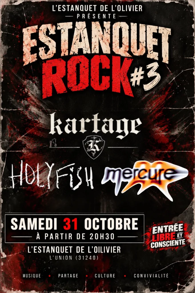 Affiche Estanquet Rock #3 avec Kartage, Mercure 22 et HOLYFISH, le 31 octobre 2026 à L’Union.