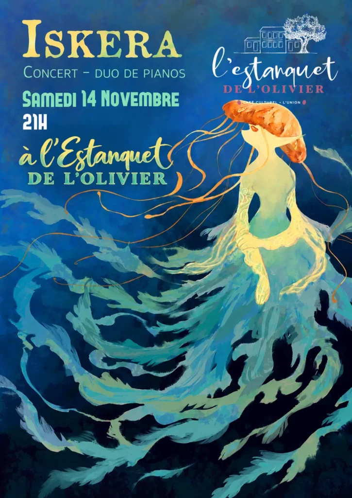Affiche du concert ISKERA, duo de pianos, samedi 14 novembre 2026 à 21h à l’Estanquet de l’Olivier à L’Union.