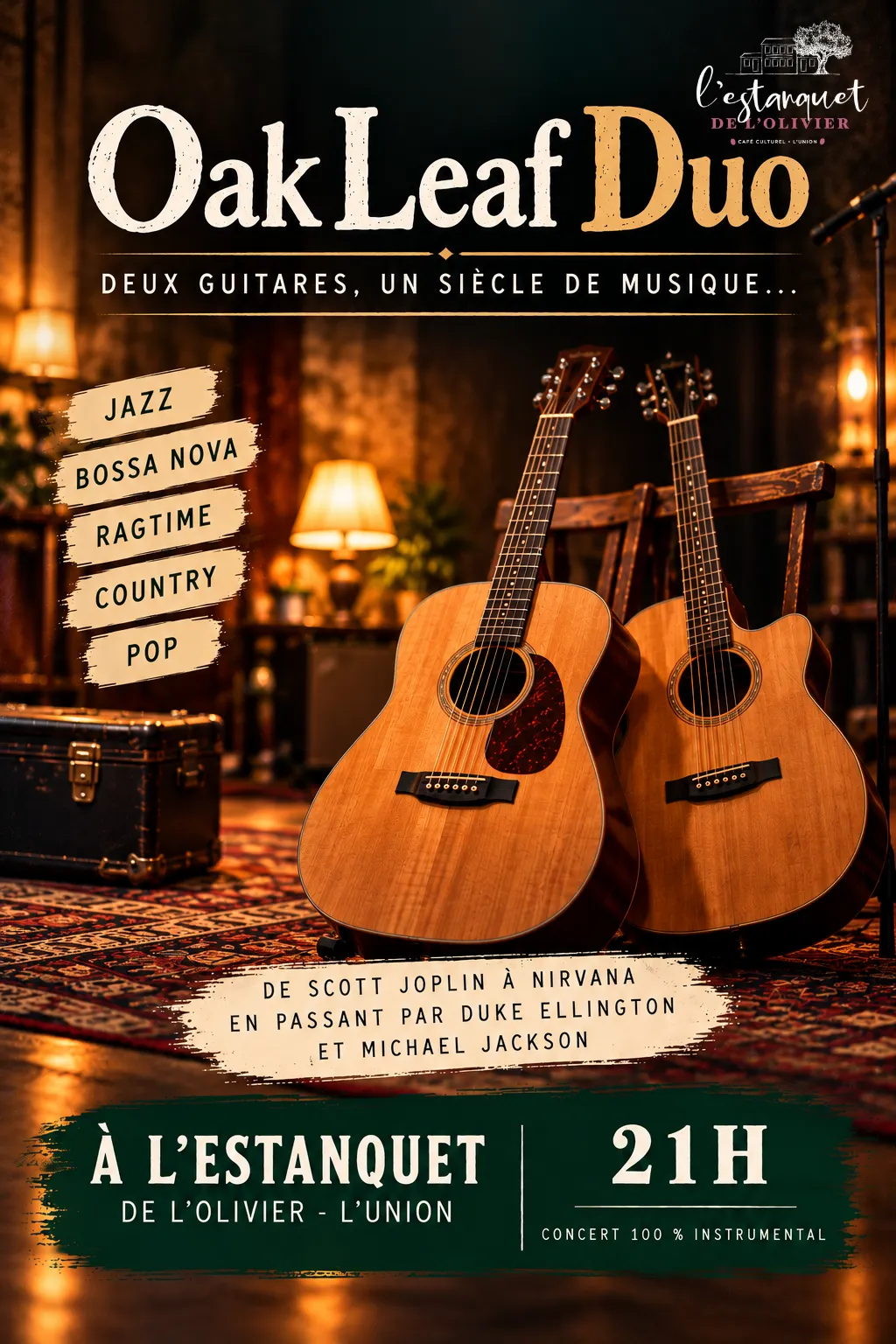 Affiche du concert Oak Leaf Duo le 7 novembre 2026 à L'Estanquet de l'Olivier à L'Union, avec deux guitares acoustiques.
